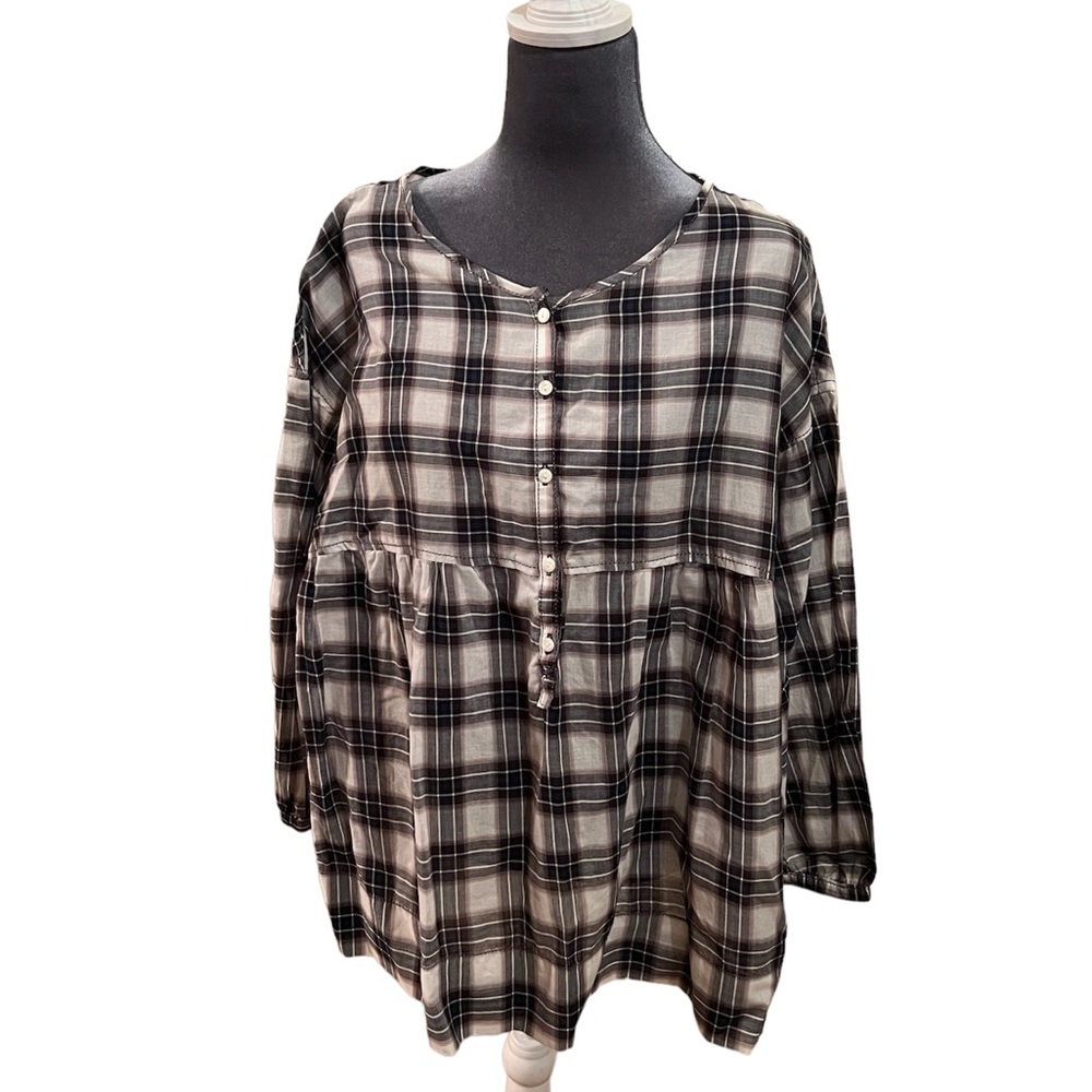 Max studio empire plaid babydoll flowy top with front buttons L nwt